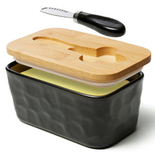 Load image into Gallery viewer, NEOPOO Butter Dish with Bamboo Lid and Knife Made of Ceramic Butter Dishes 16.5 ✖ 10 ✖ 7.5 cm ( 500 ML Capacity / Black)