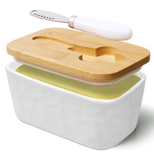 Load image into Gallery viewer, NEOPOO Butter Dish Ceramic Made with Bamboo Lid and Butter Dishes Knife 16.5 ✖ 10 ✖ 7.5 cm ( 500 ML Capacity / White )