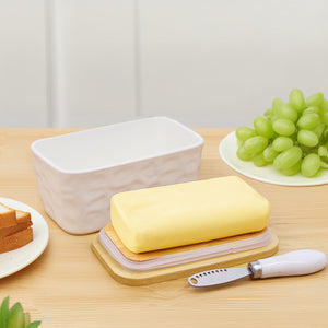 NEOPOO Butter Dish Ceramic Made with Bamboo Lid and Butter Dishes Knife 16.5 ✖ 10 ✖ 7.5 cm ( 500 ML Capacity / White )