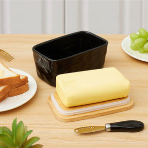 NEOPOO Butter Dish with Bamboo Lid and Knife Made of Ceramic Butter Dishes 16.5 ✖ 10 ✖ 7.5 cm ( 500 ML Capacity / Black)