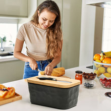 Load image into Gallery viewer, NEOPOO Butter Dish with Bamboo Lid and Knife Made of Ceramic Butter Dishes 16.5 ✖ 10 ✖ 7.5 cm ( 500 ML Capacity / Black)