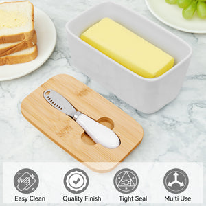 NEOPOO Butter Dish Ceramic Made with Bamboo Lid and Butter Dishes Knife 16.5 ✖ 10 ✖ 7.5 cm ( 500 ML Capacity / White )